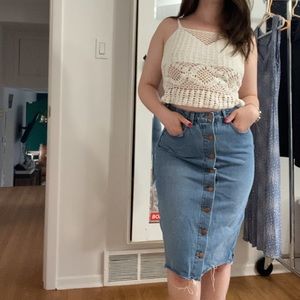 Button-up denim midi skirt with raw edge